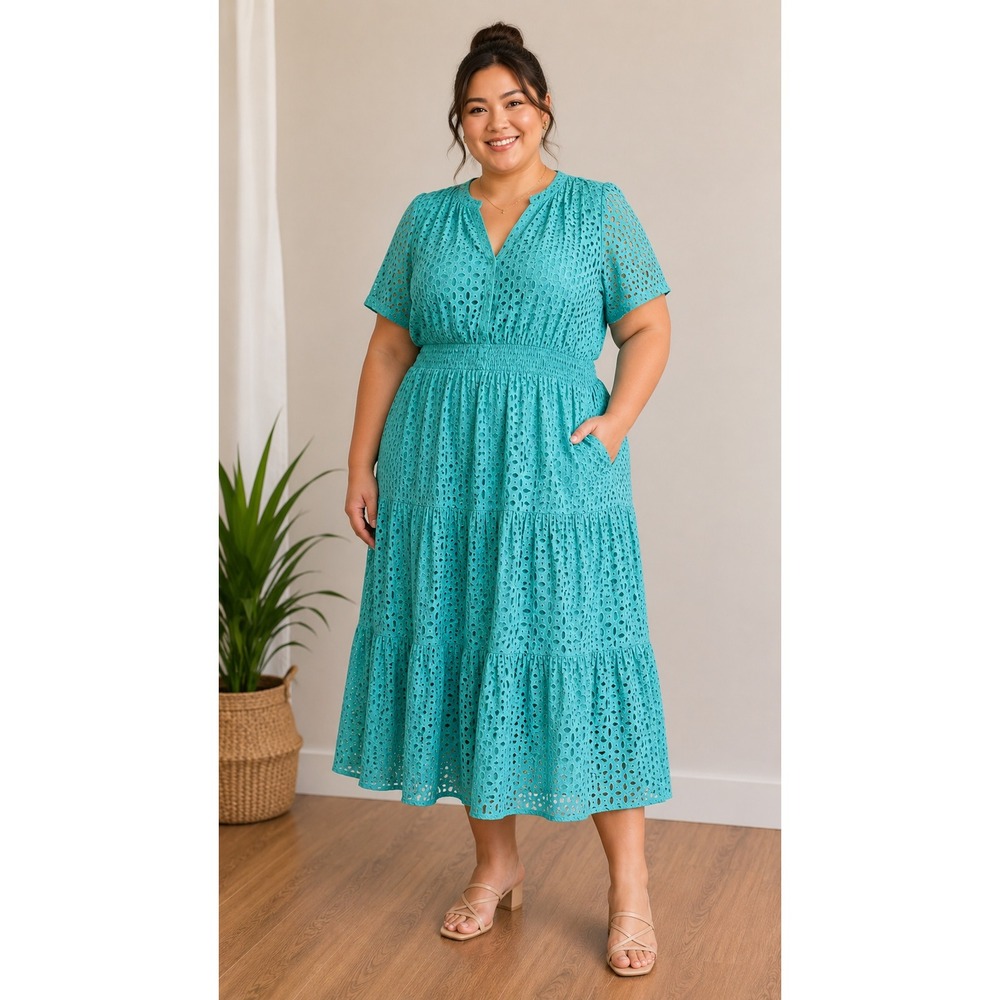 Zesica Teal Blue Eyelet Tiered Maxi Dress Womens XL Short Sleeve V-Neck New